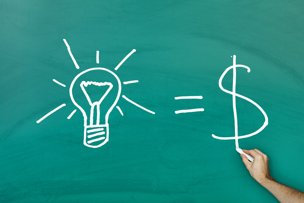 Ideas equal cash concept on green blackboard